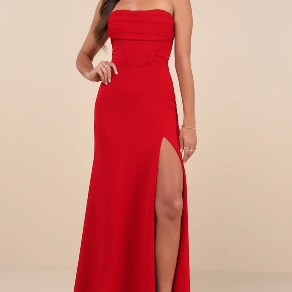 Lulus Spellbinding Allure Red Bustier Strapless Mermaid Maxi Dress